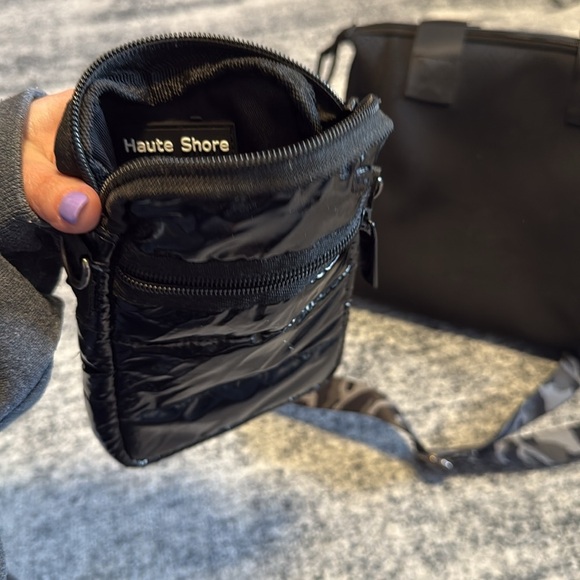 Black Mini Commuter Sling Bag with Camouflage Strap and Cell Phone Holder - Picture 7 of 11